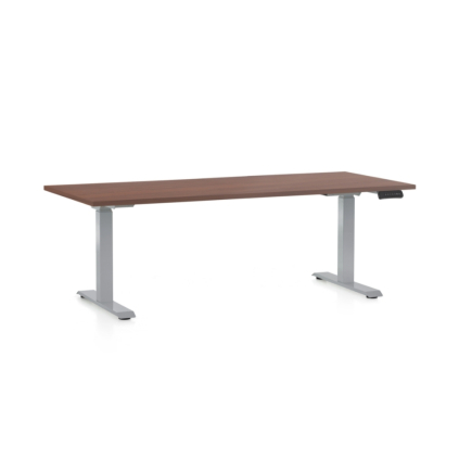Výškově nastavitelný stůl OfficeTech D, 180 x 80 cm, šedá podnož, ořech