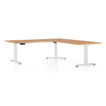 Výškově nastavitelný stůl OfficeTech Angle, 180 + 120 cm, bílá podnož, buk
