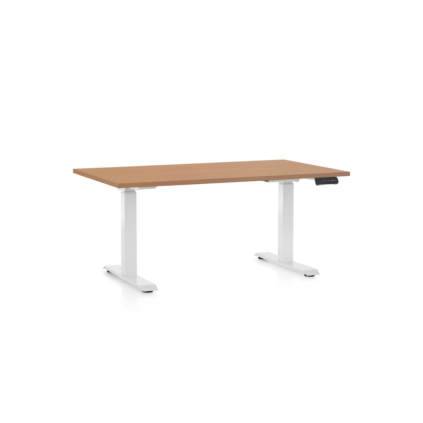 Výškově nastavitelný stůl OfficeTech D, 140 x 80 cm, bílá podnož, buk