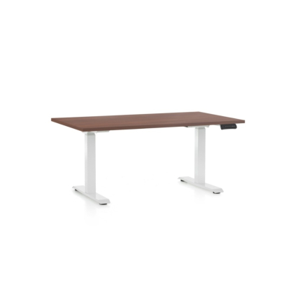 Výškově nastavitelný stůl OfficeTech D, 120 x 80 cm, bílá podnož, ořech