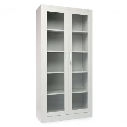 47001 1 univerzalni kovova skrin s prosklenymi dvermi 90 x 40 x 185 cm cylindricky zamek svetle seda ral 7035