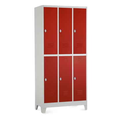 Kovová šatní skříňka - 6 boxů, 90 x 45 x 195 cm, pevné nohy, otočný zámek, červená - ral 3000