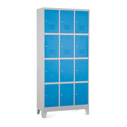 Kovová šatní skříňka - 12 boxů, 90 x 40 x 195 cm, pevné nohy, cylindrický zámek, modrá - ral 5012