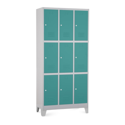 Kovová šatní skříňka - 9 boxů, 90 x 45 x 195 cm, pevné nohy, cylindrický zámek, zelená - ral 6033