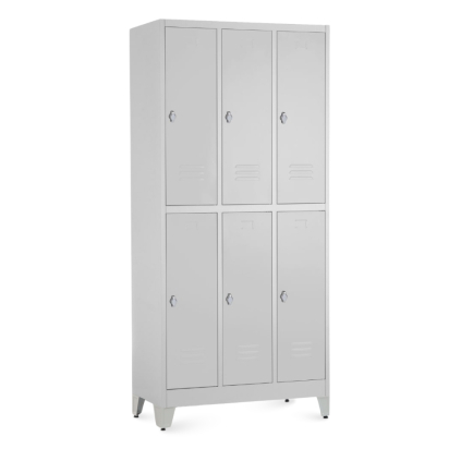 Kovová šatní skříňka - 6 boxů, 90 x 45 x 196,5 cm, nastavitelné nožky, otočný zámek, světle šedá - ral 7035