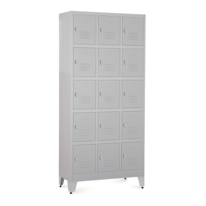 Kovová šatní skříňka - 15 boxů, 90 x 40 x 196,5 cm, nastavitelné nožky, otočný zámek, světle šedá - ral 7035