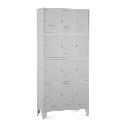 Kovová šatní skříňka - 12 boxů, 90 x 40 x 196,5 cm, nastavitelné nožky, otočný zámek, světle šedá - ral 7035