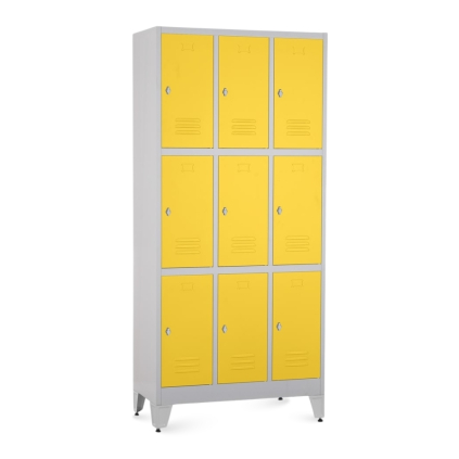 Kovová šatní skříňka - 9 boxů, 90 x 45 x 196,5 cm, nastavitelné nožky, otočný zámek, žlutá - ral 1023