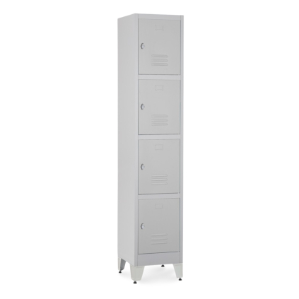 Kovová šatní skříňka - 4 boxy, 38 x 45 x 196,5 cm, nastavitelné nožky, otočný zámek, světle šedá - ral 7035