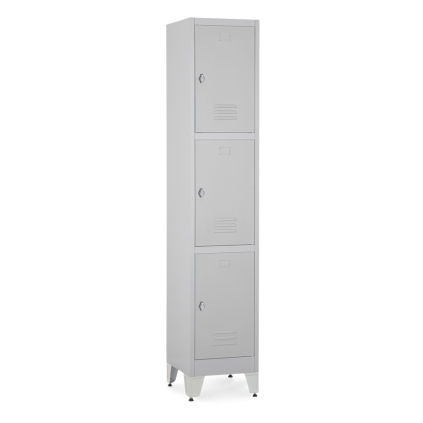 Kovová šatní skříňka - 3 boxy, 38 x 45 x 196,5 cm, nastavitelné nožky, otočný zámek, světle šedá - ral 7035