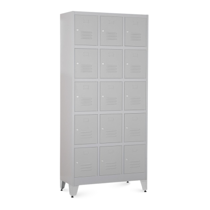 Kovová šatní skříňka - 15 boxů, 90 x 40 x 196,5 cm, nastavitelné nožky, cylindrický zámek, světle šedá - ral 7035