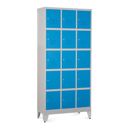 Kovová šatní skříňka - 15 boxů, 90 x 40 x 196,5 cm, nastavitelné nožky, cylindrický zámek, modrá - ral 5012