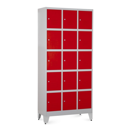 Kovová šatní skříňka - 15 boxů, 90 x 40 x 196,5 cm, nastavitelné nožky, cylindrický zámek, červená - ral 3000