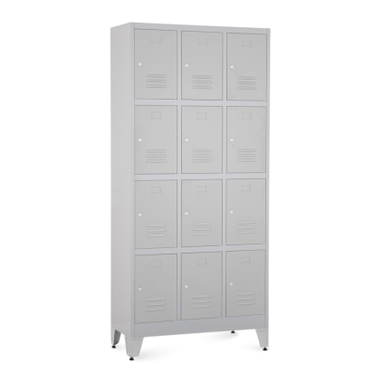 Kovová šatní skříňka - 12 boxů, 90 x 40 x 196,5 cm, nastavitelné nožky, cylindrický zámek, světle šedá - ral 7035