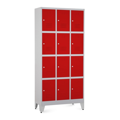 Kovová šatní skříňka - 12 boxů, 90 x 40 x 196,5 cm, nastavitelné nožky, cylindrický zámek, červená - ral 3000
