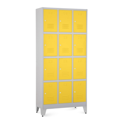Kovová šatní skříňka - 12 boxů, 90 x 40 x 196,5 cm, nastavitelné nožky, cylindrický zámek, žlutá - ral 1023