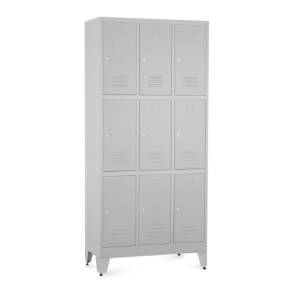 Kovová šatní skříňka - 9 boxů, 90 x 45 x 196,5 cm, nastavitelné nožky, cylindrický zámek, světle šedá - ral 7035