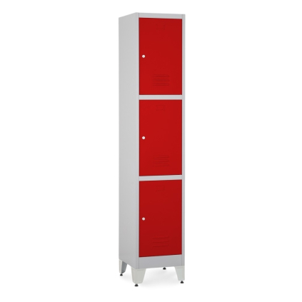 Kovová šatní skříňka - 3 boxy, 38 x 45 x 196,5 cm, nastavitelné nožky, cylindrický zámek, červená - ral 3000