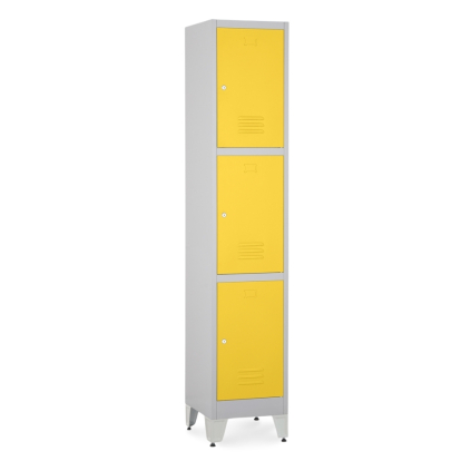 Kovová šatní skříňka - 3 boxy, 38 x 45 x 196,5 cm, nastavitelné nožky, cylindrický zámek, žlutá - ral 1023