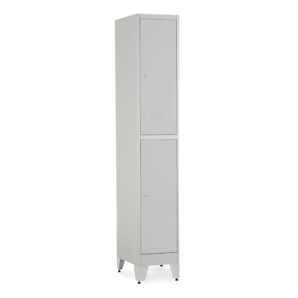 Kovová šatní skříňka - 2 boxy, 38 x 45 x 196,5 cm, nastavitelné nožky, cylindrický zámek, světle šedá - ral 7035