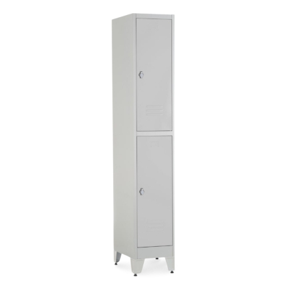 Kovová šatní skříňka - 2 boxy, 38 x 45 x 196,5 cm, nastavitelné nožky, otočný zámek, světle šedá - ral 7035