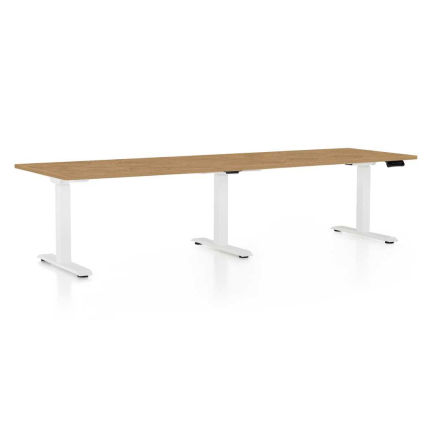 Výškově nastavitelný stůl OfficeTech Long, 260 x 80 cm, bílá podnož, dub kamenný