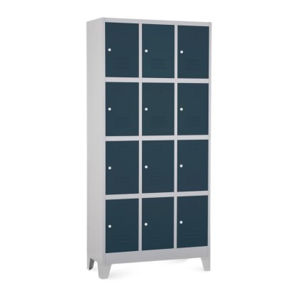 Fém szekrény - 12 doboz, 90 x 40 x 195 cm, fix lábakkal, hengerzár, antracit - ral 7016