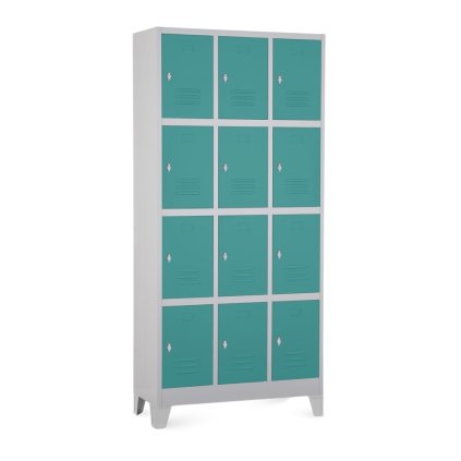 Fém szekrény - 12 doboz, 90 x 40 x 195 cm, fix lábakkal, lakathoz zár, zöld - ral 6033