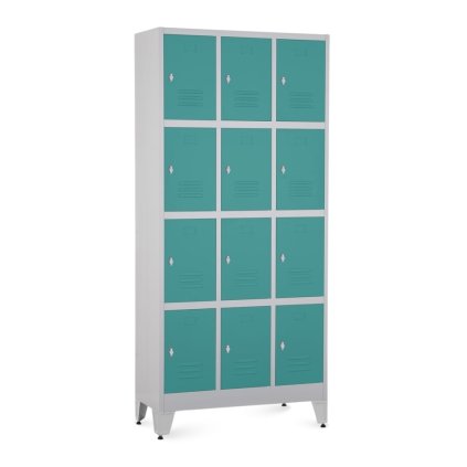 Fém szekrény - 12 doboz, 90 x 40 x 196,5 cm, helyreigazítással, lakathoz zár, zöld - ral 6033