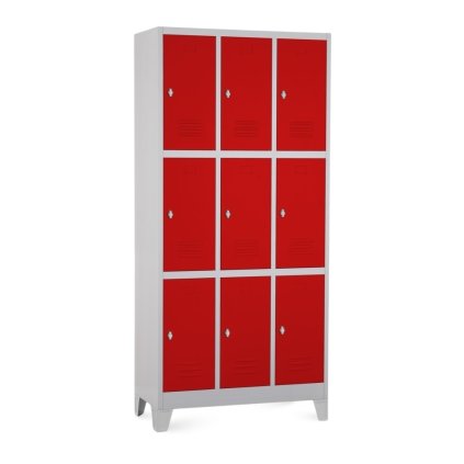 Fém szekrény - 9 doboz, 90 x 45 x 195 cm, fix lábakkal, lakathoz zár, piros - ral 3000