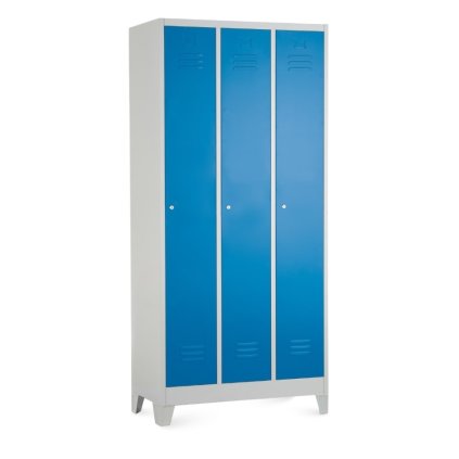 Fém szekrény - 3 rekeszes, 90 x 50 x 190 cm, fix lábakkal, hengerzár, kék - ral 5012