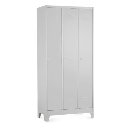 Fém szekrény - 3 rekeszes, 90 x 50 x 190 cm, fix lábakkal, hengerzár, világos szürke - ral 7035