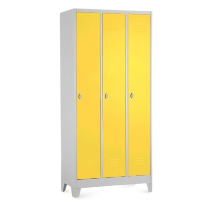 Fém szekrény - 3 rekeszes, 90 x 50 x 190 cm, fix lábakkal, lakathoz zár, sárga - ral 1023