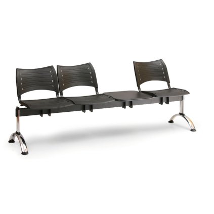 Plastová lavice VISIO, 3-sedák + stolek - chromované nohy, černá