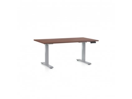 Výškově nastavitelný stůl OfficeTech D, 140 x 80 cm, šedá podnož, ořech