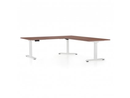 Výškově nastavitelný stůl OfficeTech Angle, 180 + 120 cm, bílá podnož, ořech
