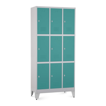 Dulap metalic - 9 cutii, 90 x 45 x 196,5 cm, picioare reglabile, încuietoare pentru lacăt, verde - ral 6033