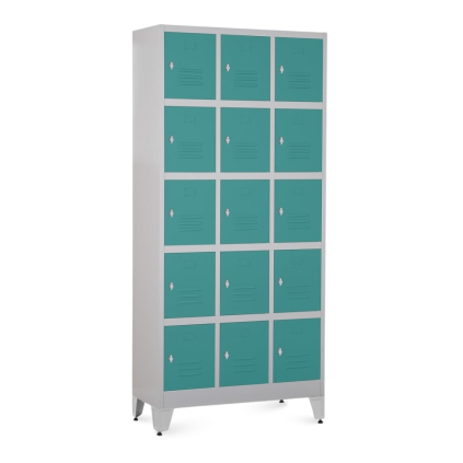 Dulap metalic - 15 cutii, 90 x 40 x 196,5 cm, picioare reglabile, încuietoare pentru lacăt, verde - ral 6033