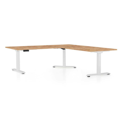 Masă înălțime reglabilă OfficeTech Angle, 180 x 200 cm, picioare albe, stejar kraft