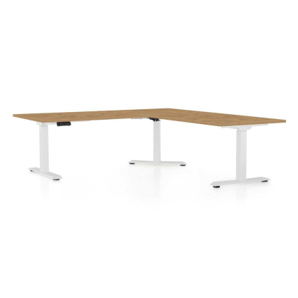 Masă înălțime reglabilă OfficeTech Angle, 180 x 200 cm, picioare albe, stejar piatra