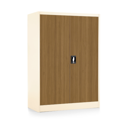 Dulap metalic universal mediu cu imitație de lemn, 90 x 40 x 120 cm, încuietoare cu cilindru, nuc / ral 9003