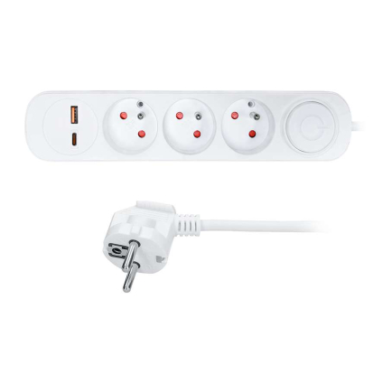 Prelungitor 3 prize + USB A + USB C - 3m, întrerupător, 3x1,0, alb