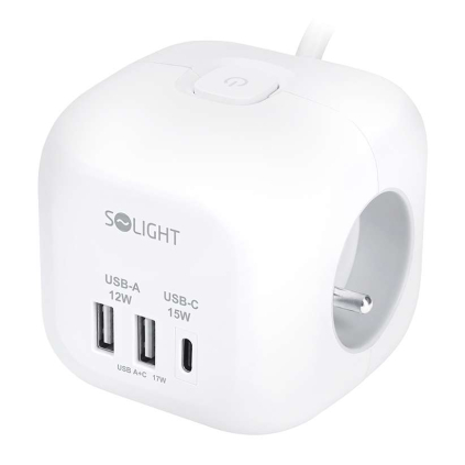 Prelungitor 3 prize + USB – cub, 2m, întrerupător, 3x1,0, alb