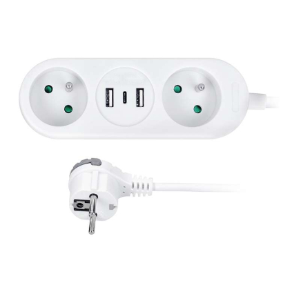 Prelungitor 2 prize + 2x USB A + USB C - 1,5m, 3x1,0, alb