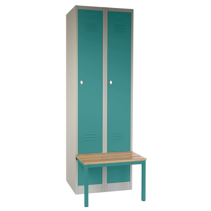 Dulap metalic cu bancă, 60 x 85 x 185 cm, plintă, blocare, verde - ral 6033
