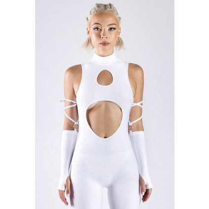 white cut out catsuit studio front view