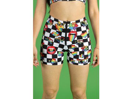 9080 pride stickerbomb front zip biker shorts close view