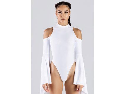 9098 white bell sleeve cold shoulder bodysuit studio front view