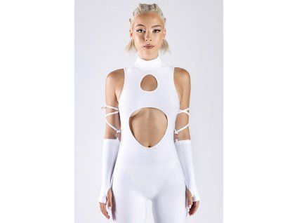 9125 white cut out catsuit studio front view