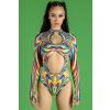 9089 rainbow glitch cut out long sleeved bodysuit front view